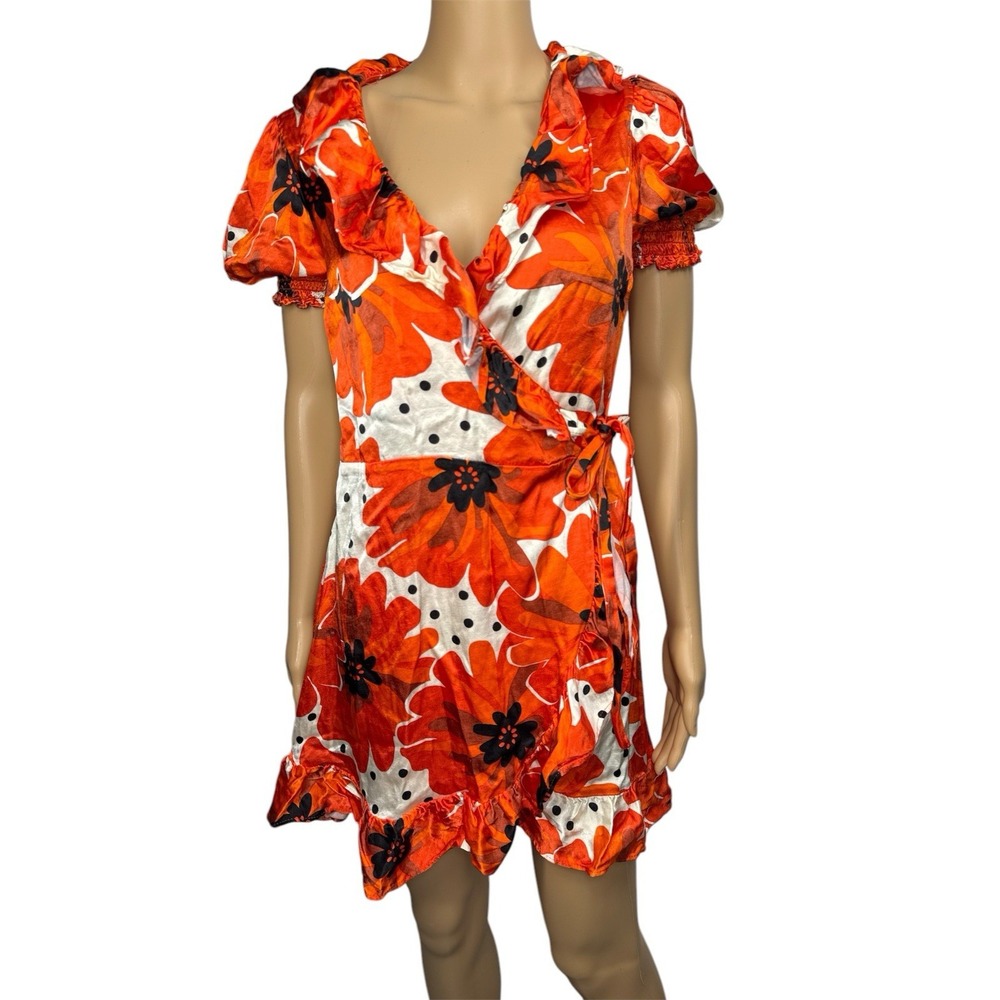 Top shop Floral Wrap Dress Ruffle Short Sleeve Mini Dress‎ Orange White - Size 6